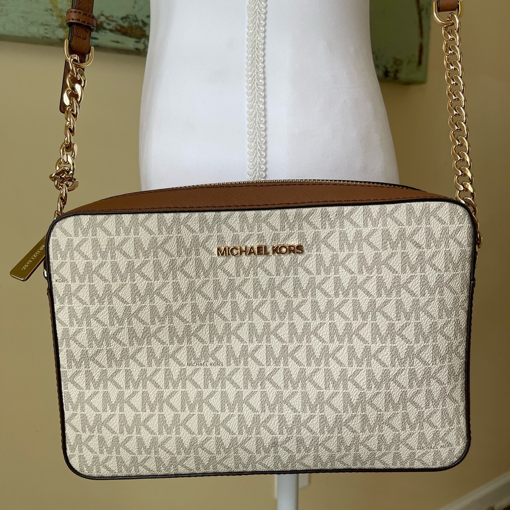 MICHAEL KORS White and Brown MK Logo Crossbody with Gold Hardware